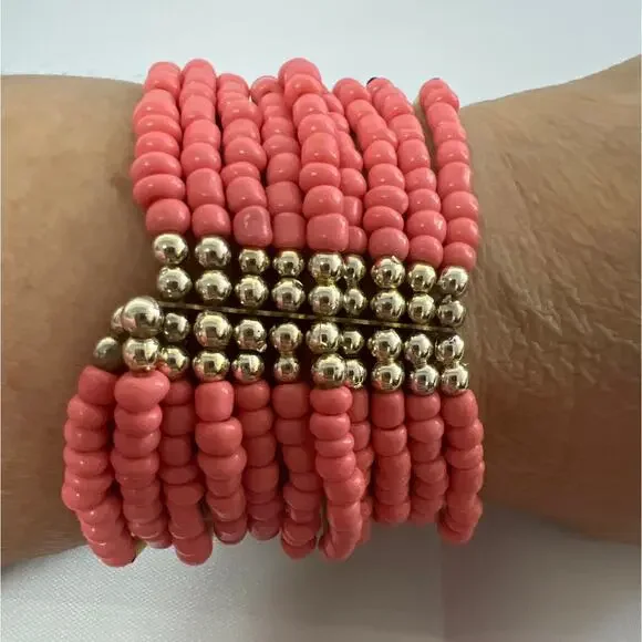 Multi-Strand Pink Beaded Stretch Cuff Style Bracelet - Picture 1 of 4